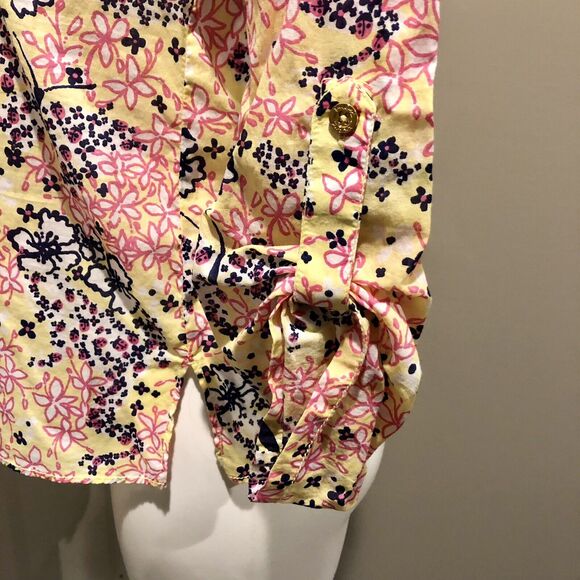 Lilly Pulitzer Blouse Tunic XS Multicolor Floral V Neck Empire Waist Roll Tab - Picture 5 of 10